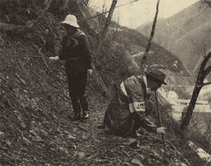 1990年代 山中で冬虫夏草の調査をする矢萩信夫と矢萩禮美子